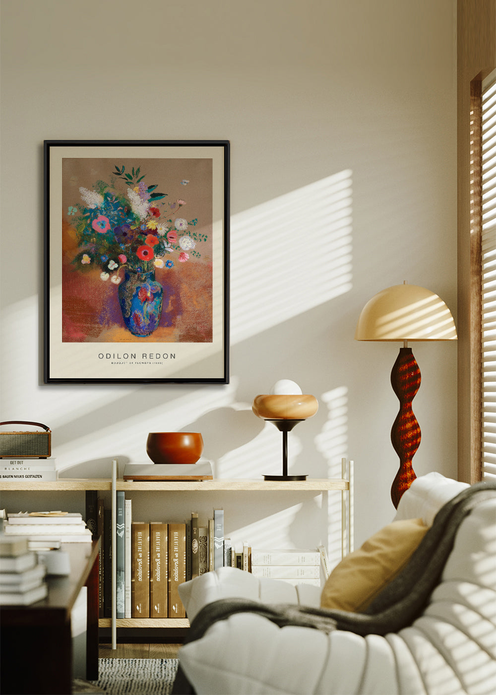 Botanisk plakat blå vase med farverig buket