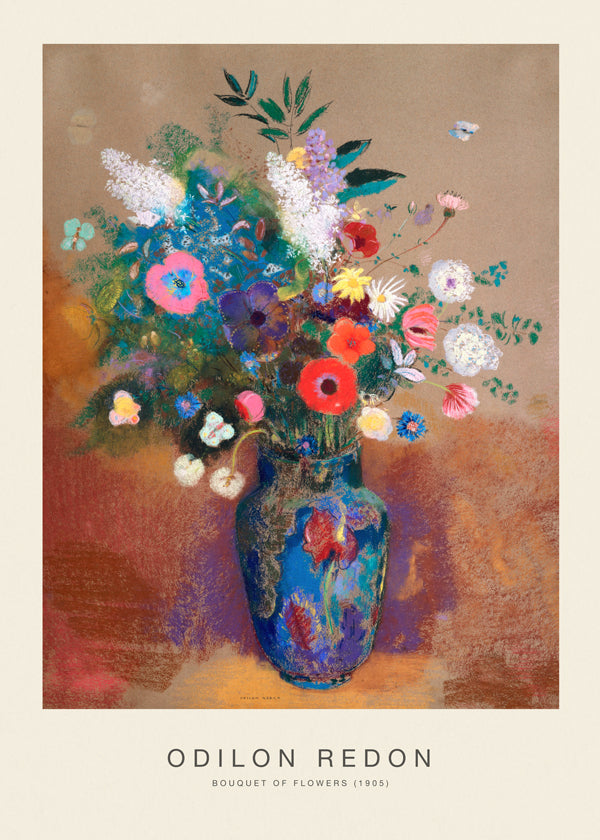 Botanisk plakat blå vase med farverig buket