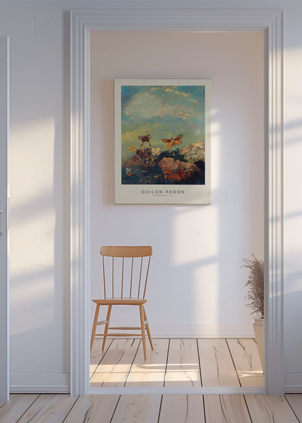 Botanisk plakat: sommerfugle i drømmende himmel