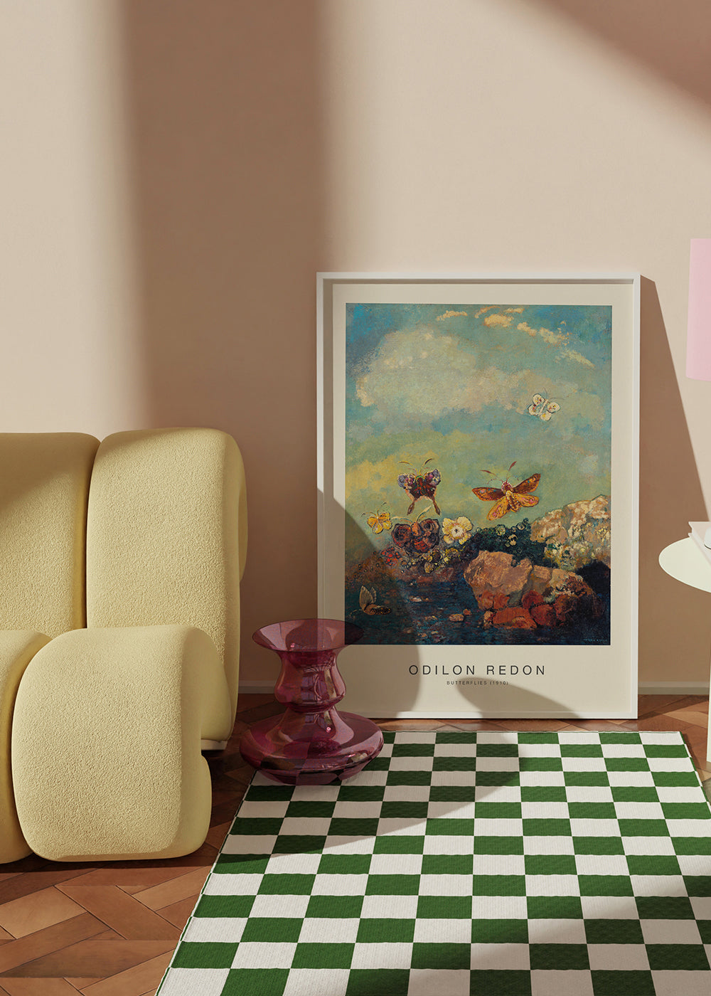 Botanisk plakat: sommerfugle i drømmende himmel