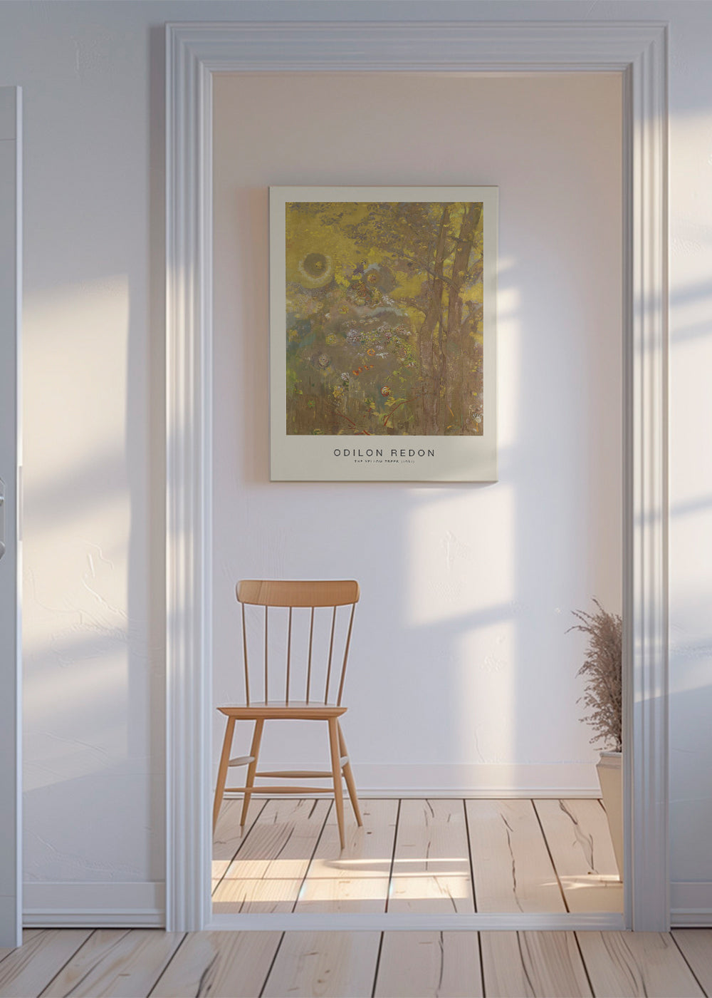 Botanisk plakat i gyldne toner med træer