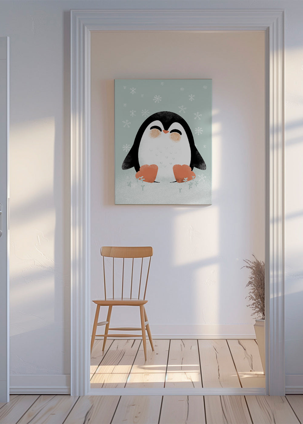 Børneplakat med smilende pingvin