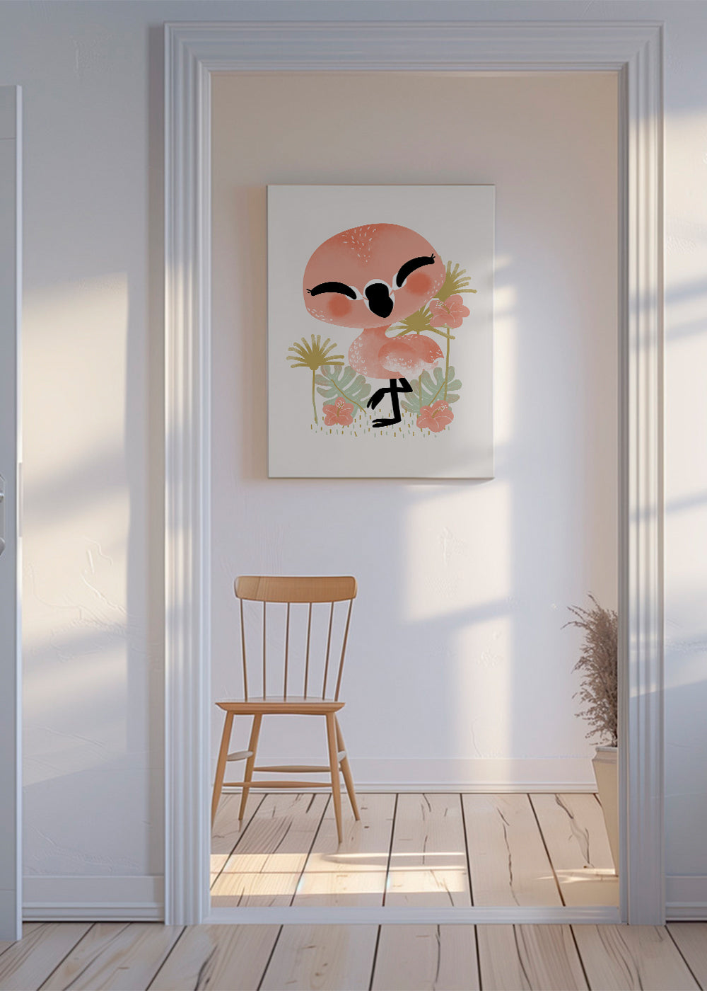 Børneplakat smilende pink flamingo