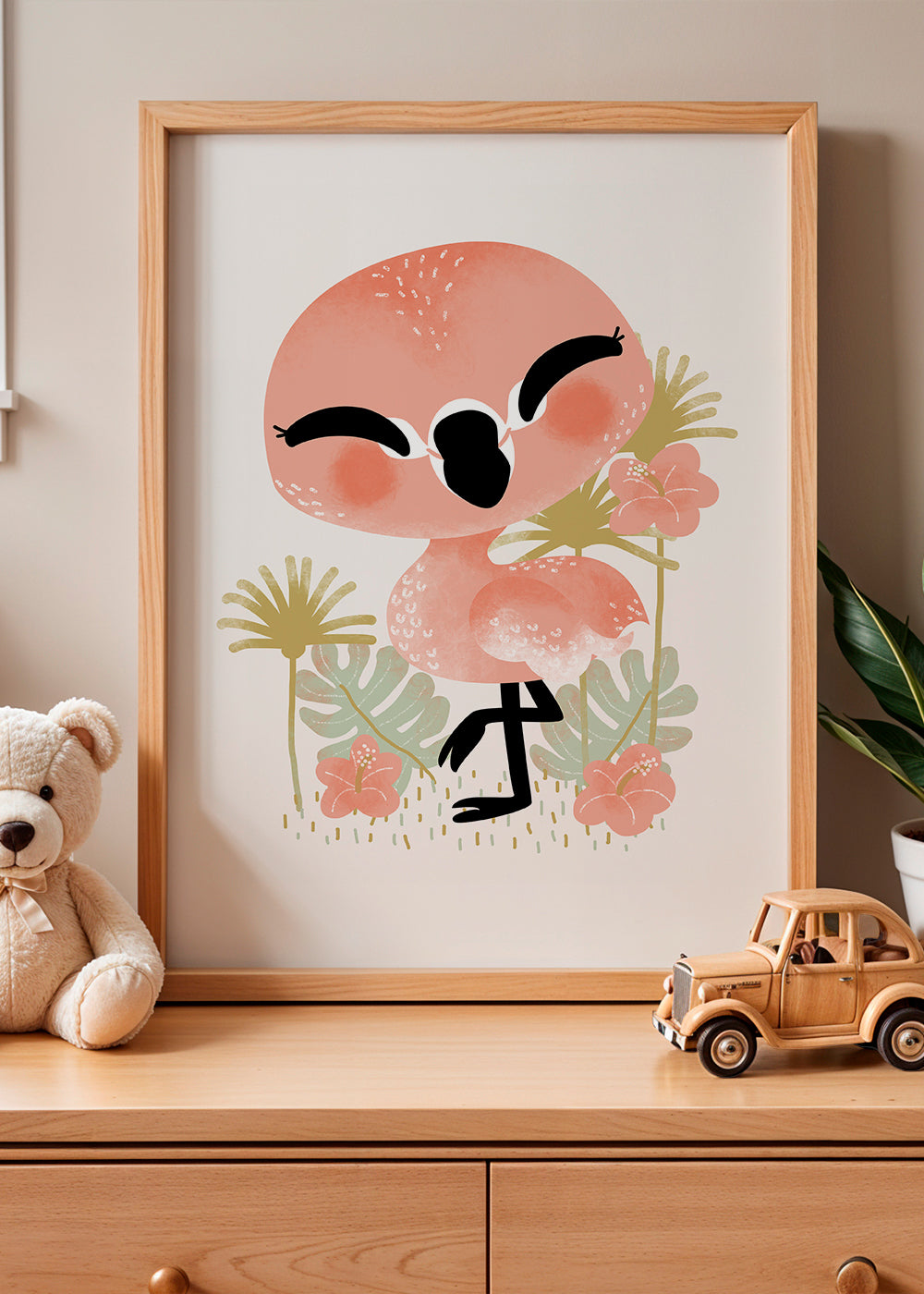 Børneplakat smilende pink flamingo