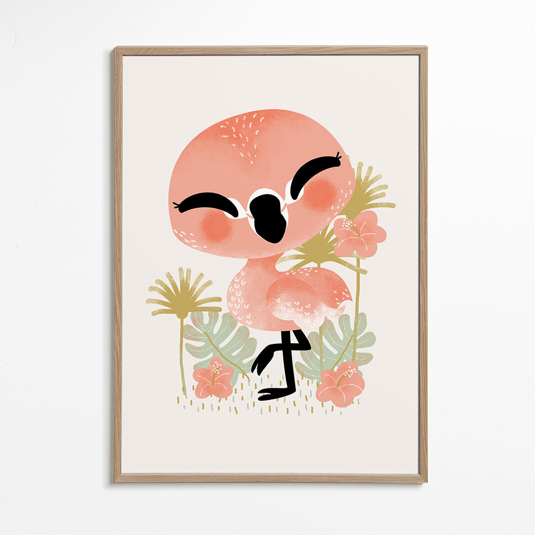 Børneplakat smilende pink flamingo