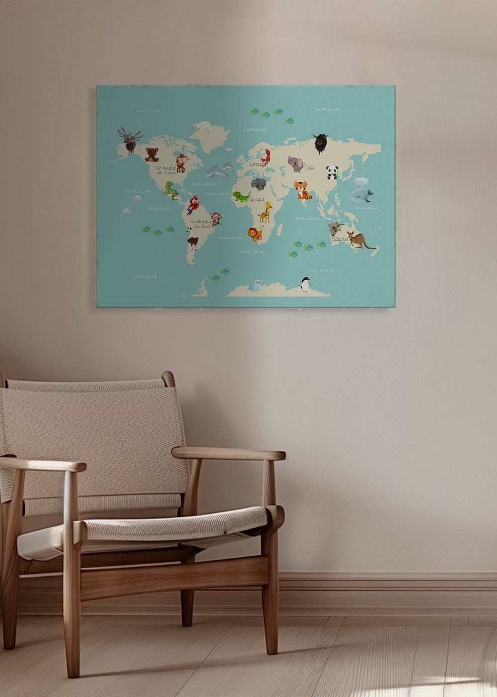 Børneplakat verdenskort med dyr