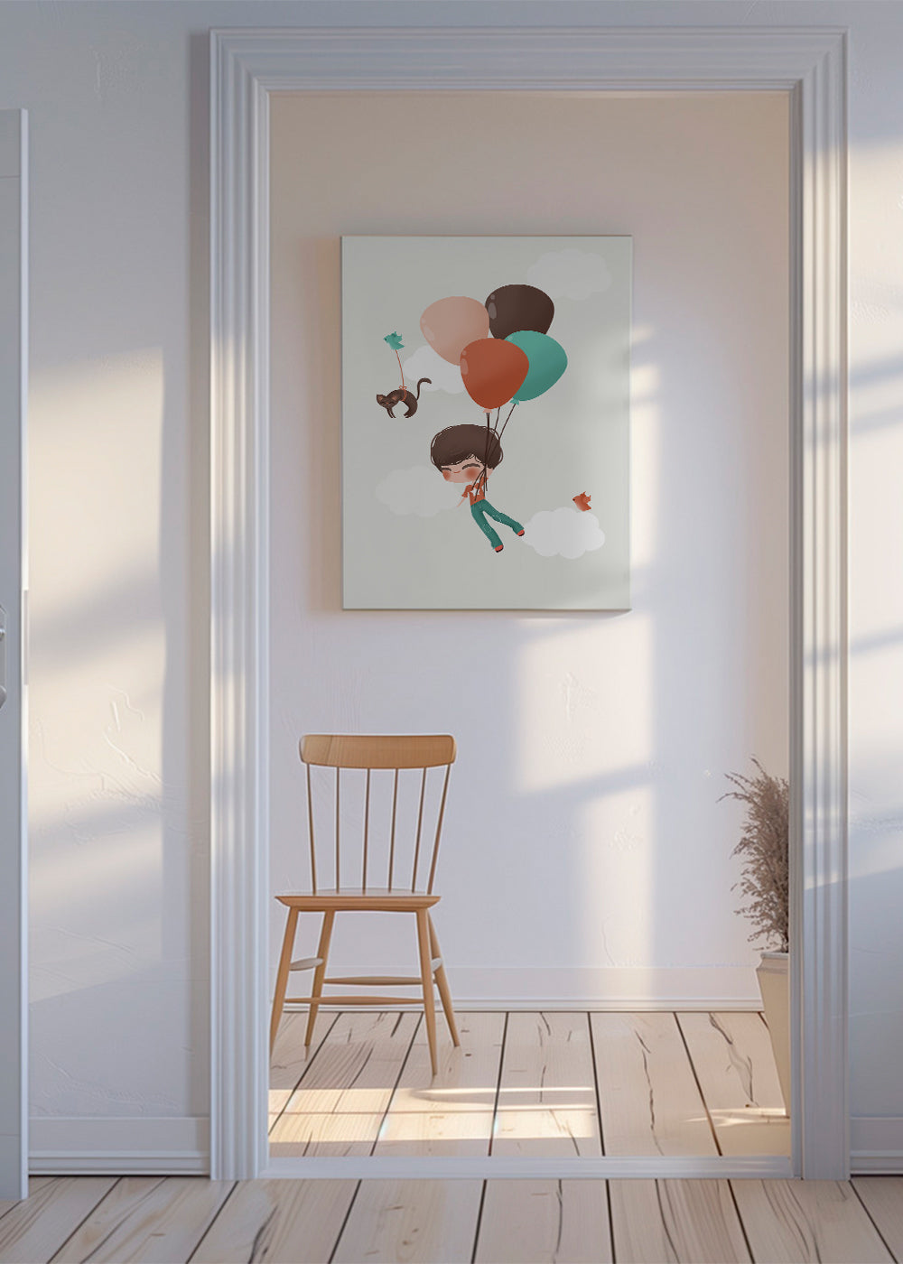 Børneplakat dreng svævende med balloner