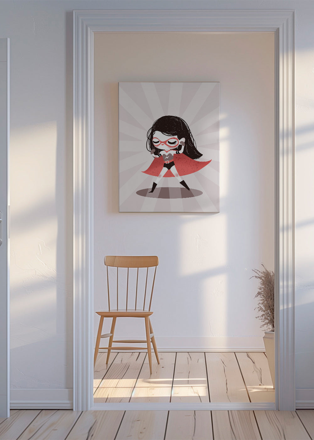 Børneplakat med superheltinde i rød kappe