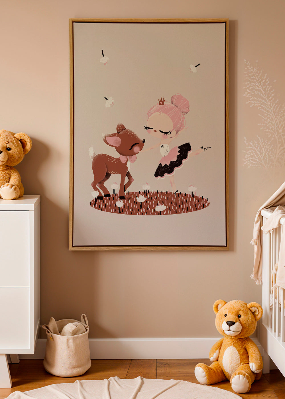 Børneplakat med danser og dådyr i rosa