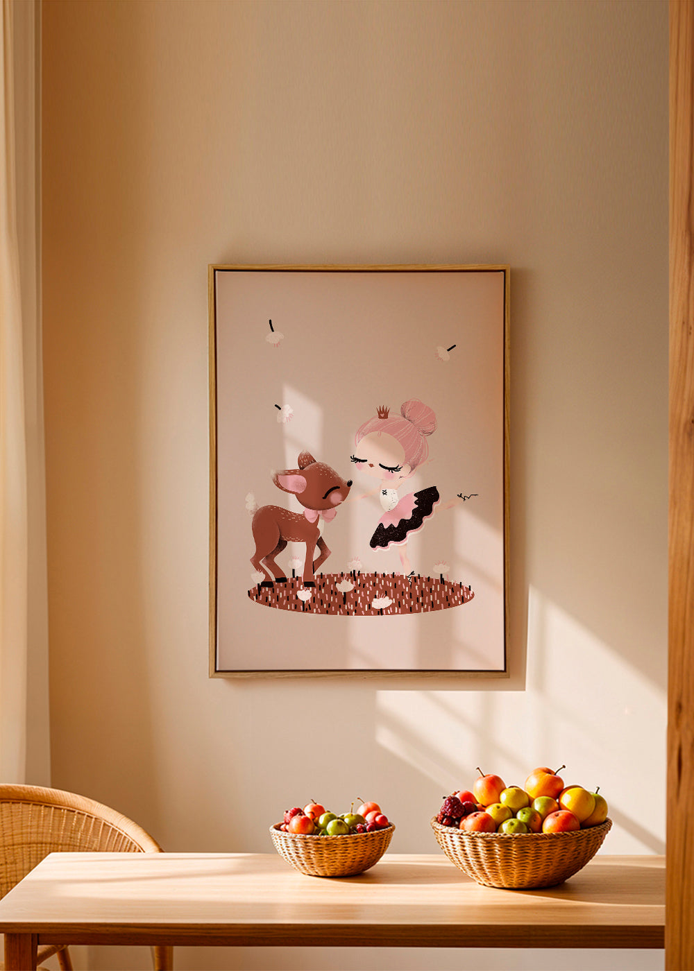 Børneplakat med danser og dådyr i rosa