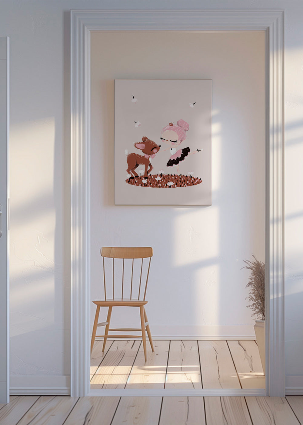 Børneplakat med danser og dådyr i rosa