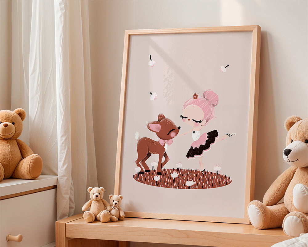 Børneplakat med danser og dådyr i rosa