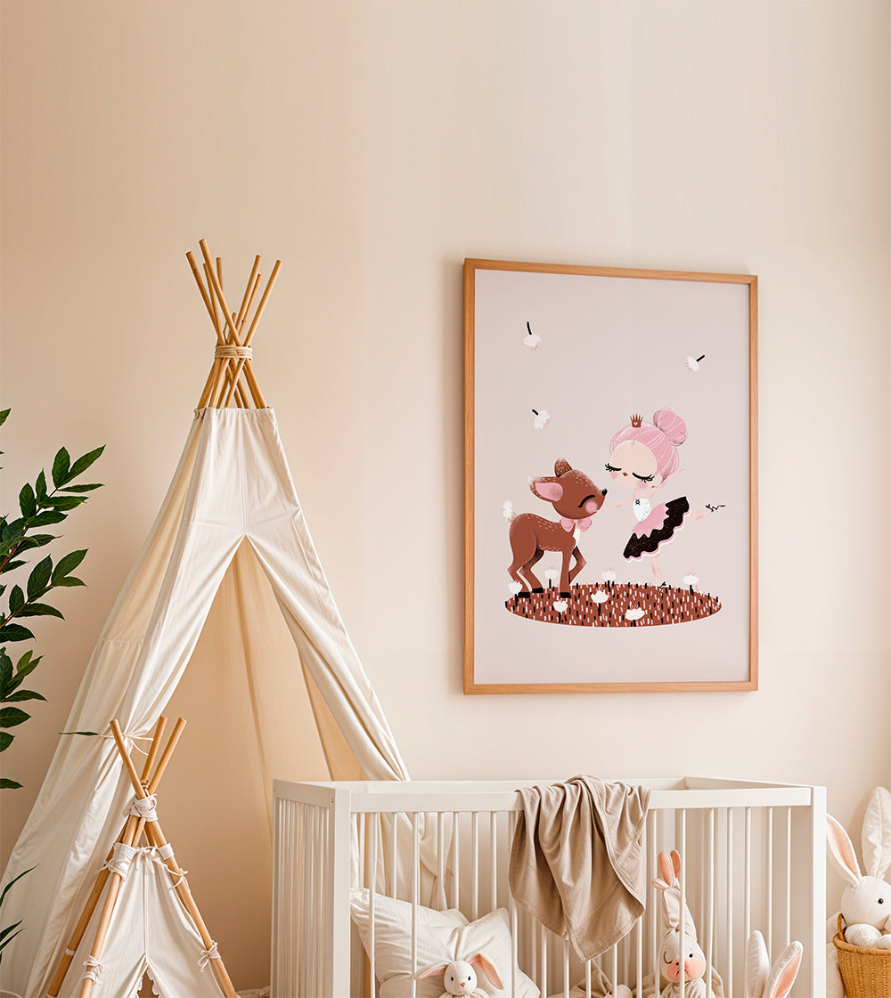 Børneplakat med danser og dådyr i rosa