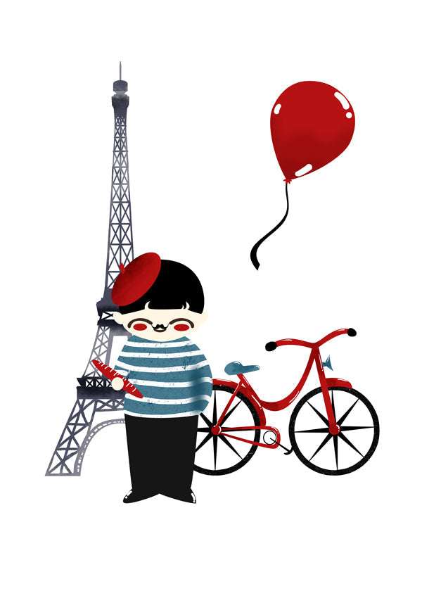 Bykunst: Paris illustration med rød cykel
