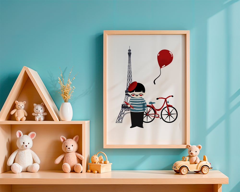 Bykunst: Paris illustration med rød cykel