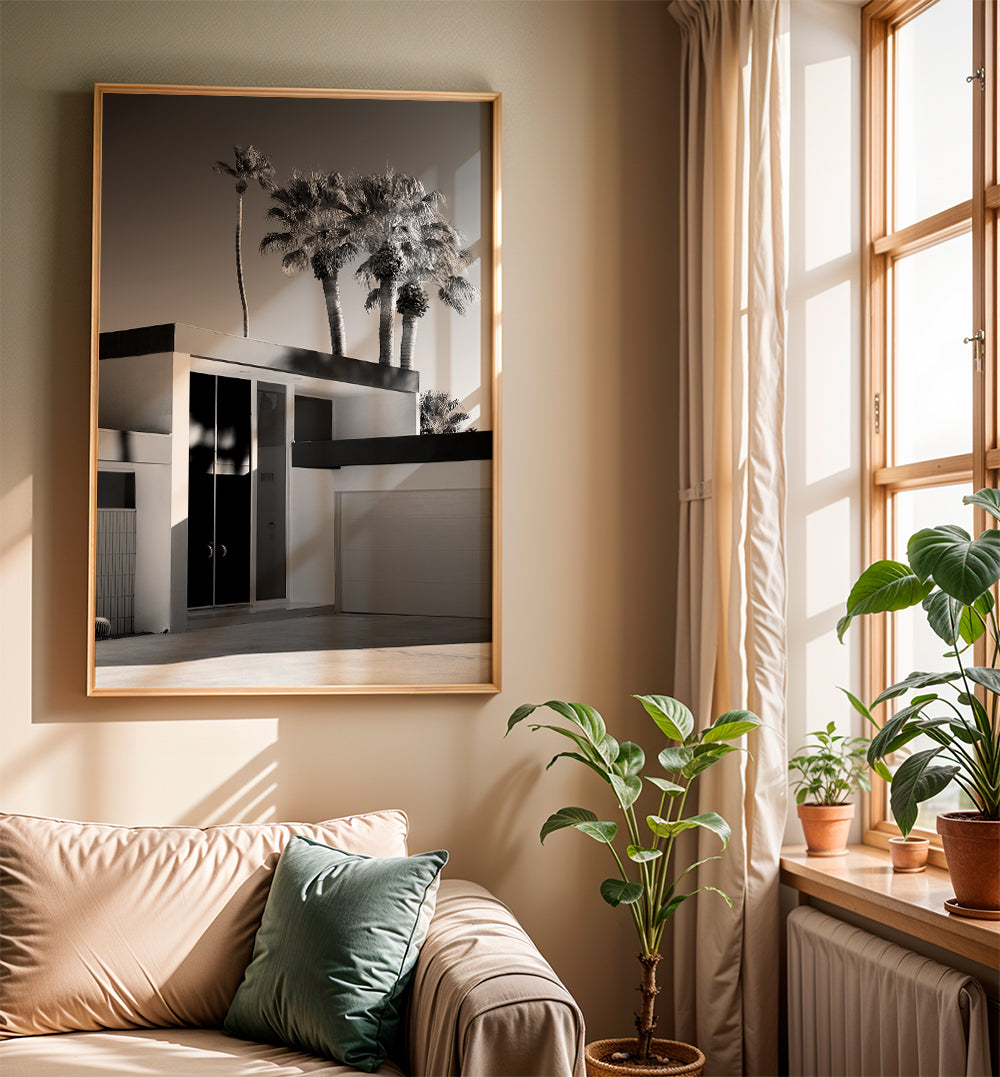 Fotografi af moderne hus i Palm Springs i sort-hvid