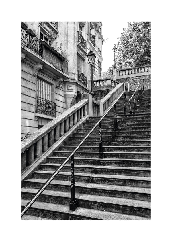 Rejseplakat: Paris trappe i sort-hvid