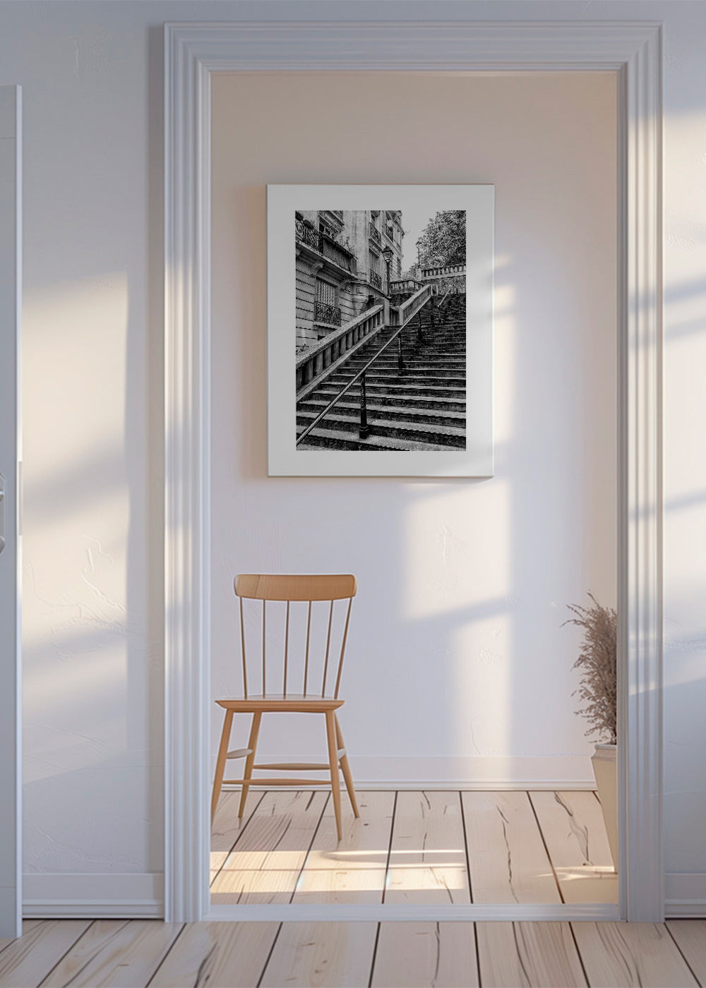 Rejseplakat: Paris trappe i sort-hvid