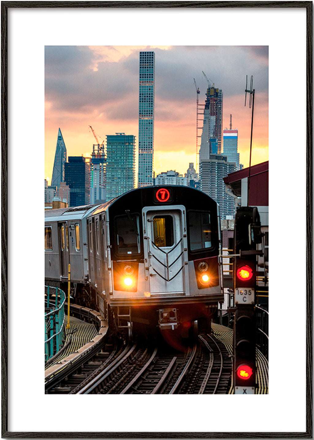 Rejseplakat: Metro 7 ved solnedgang – Black Frame