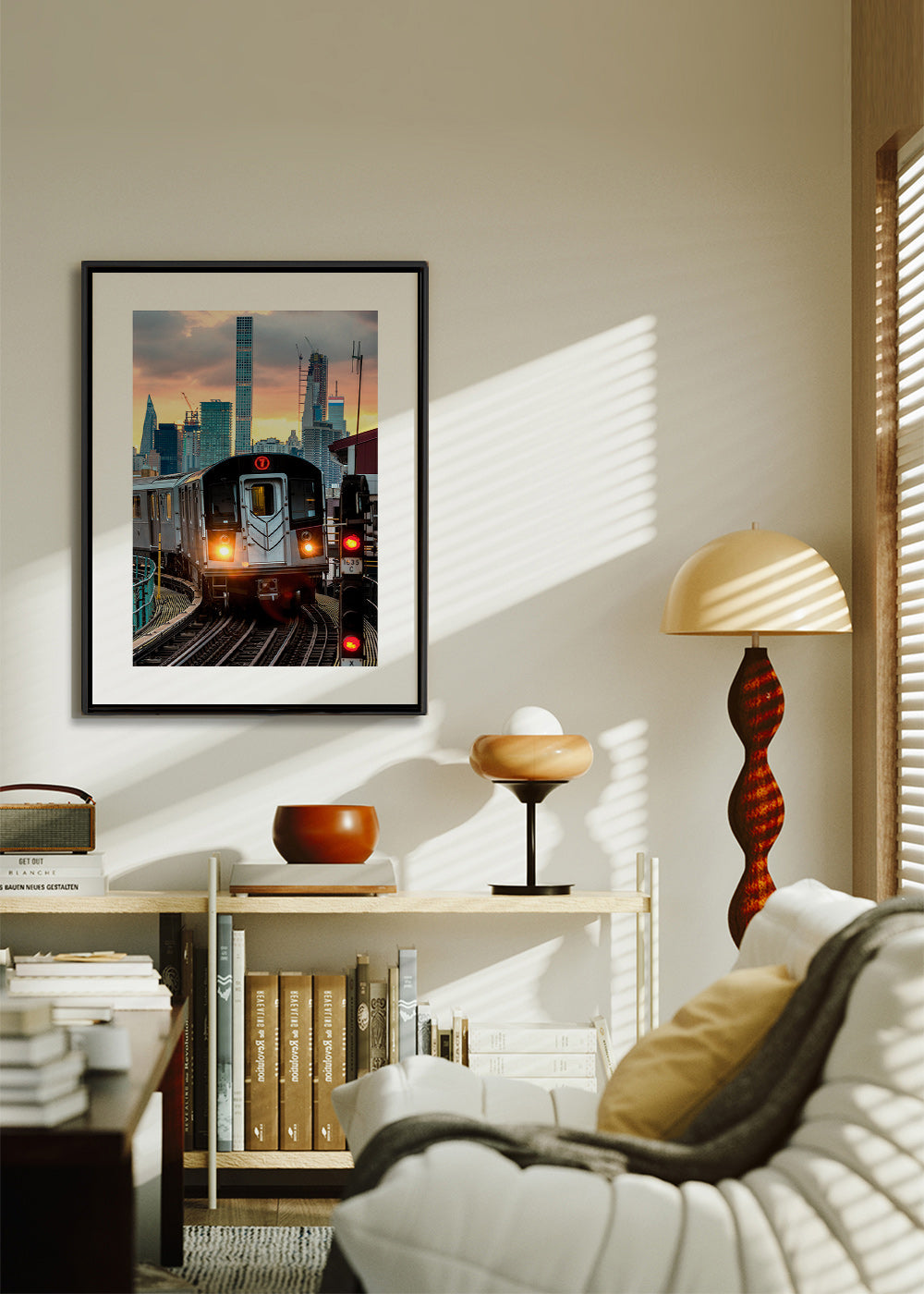Rejseplakat: Metro 7 ved solnedgang – Canvas1