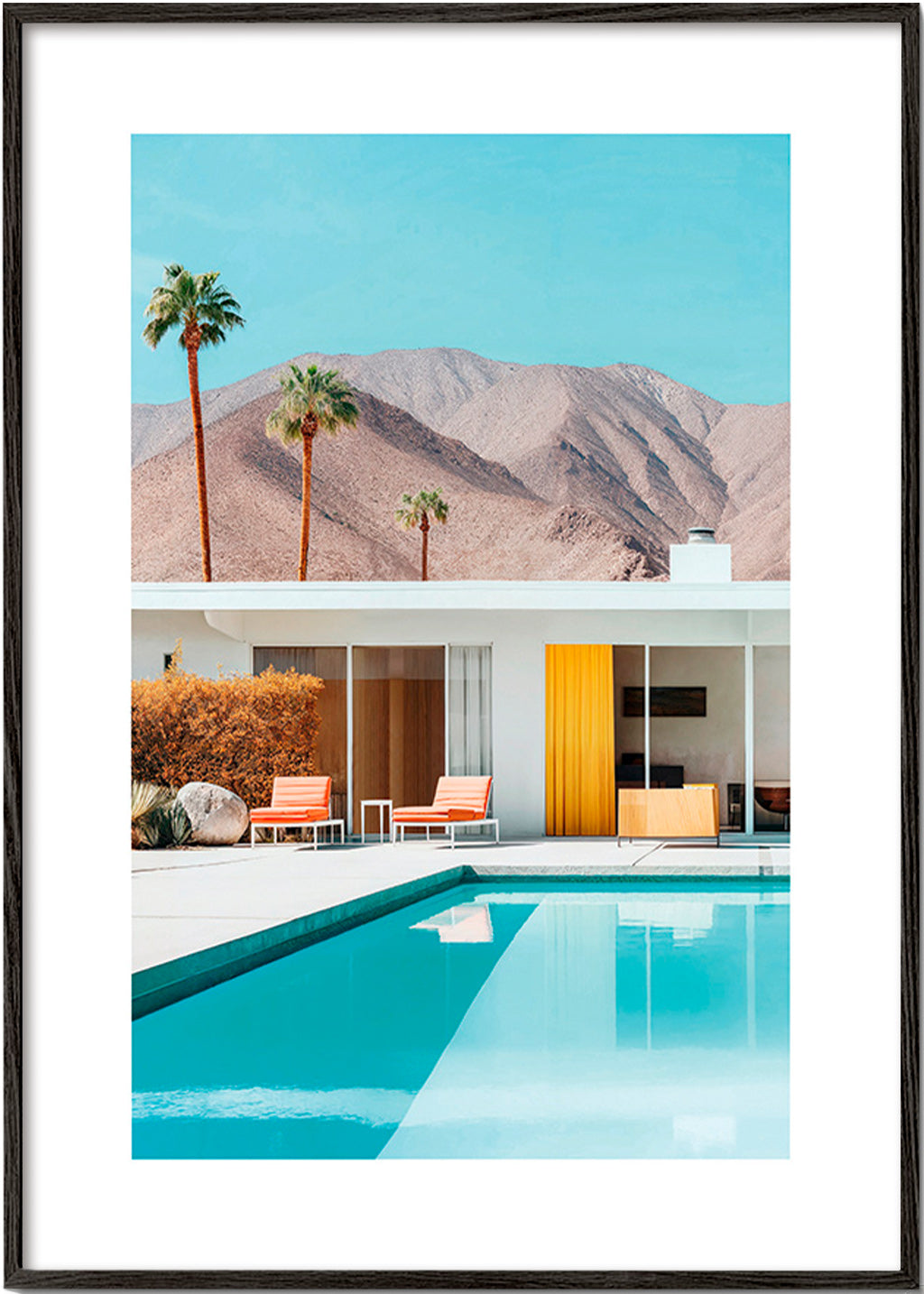 Landskabskunst med pool og palmer – Black Frame