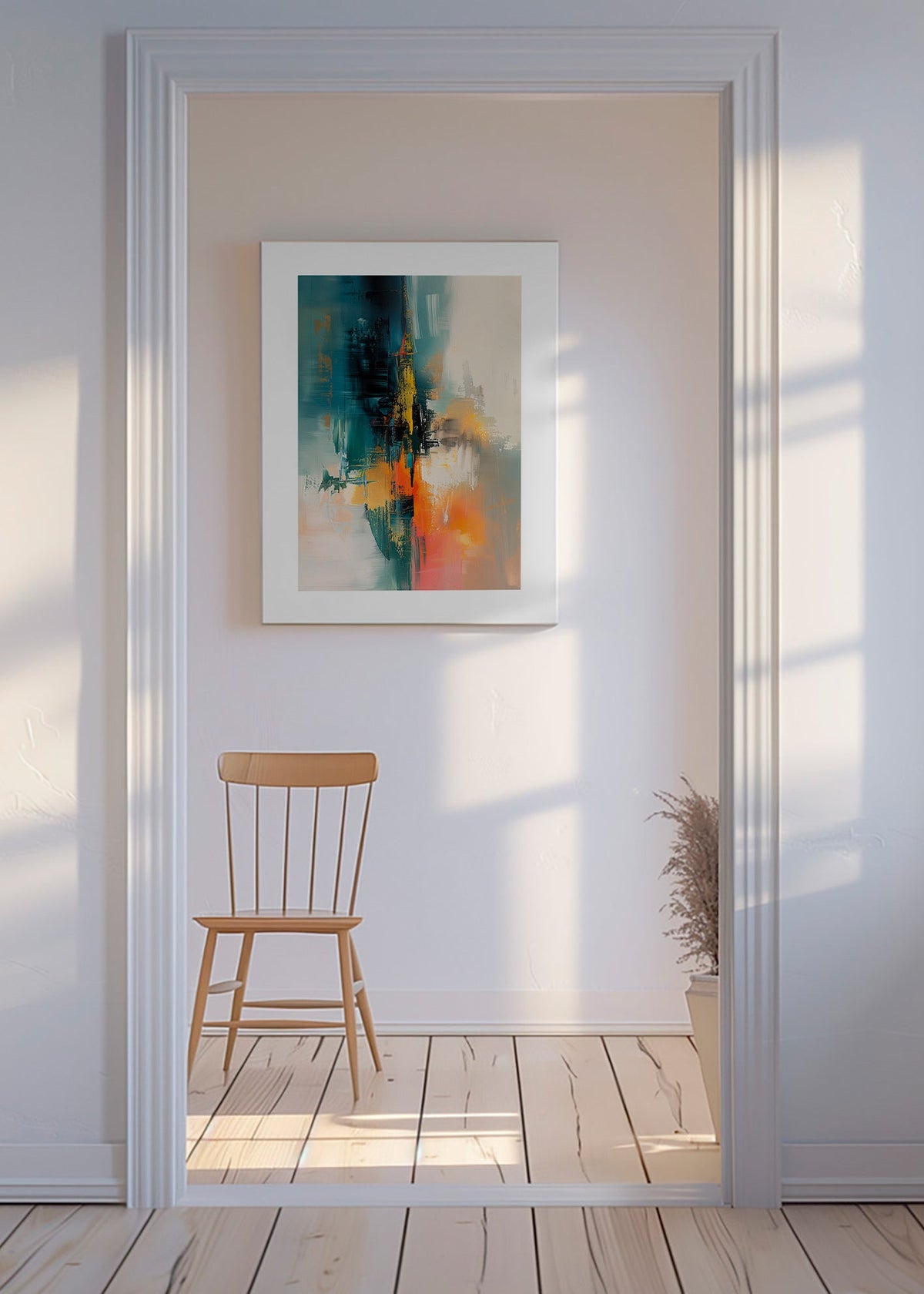 Abstrakt billede vertikal med blå og orange strøg – Canvas