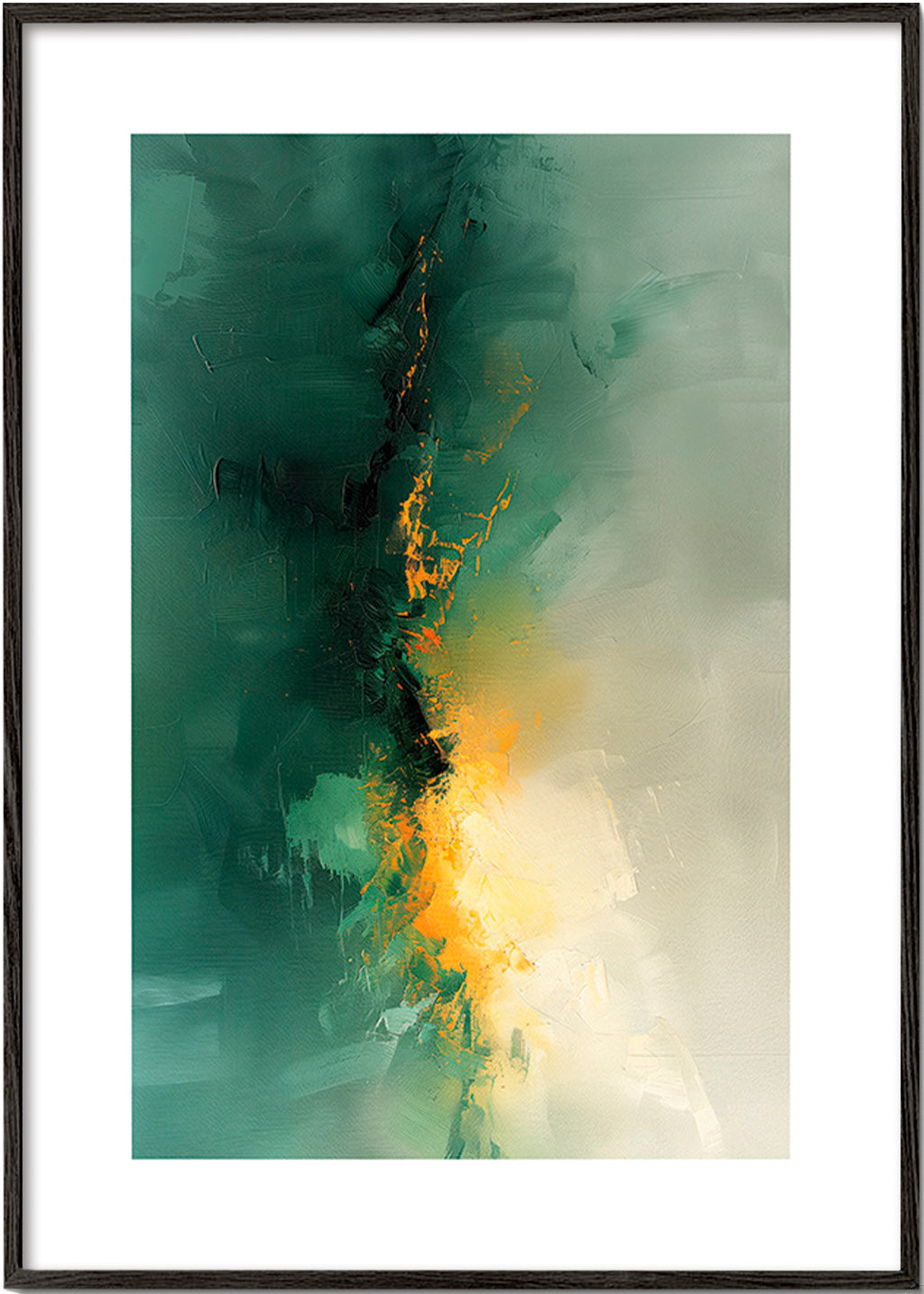 Abstrakt maleri grøn og gylden - Skumring – Black Frame