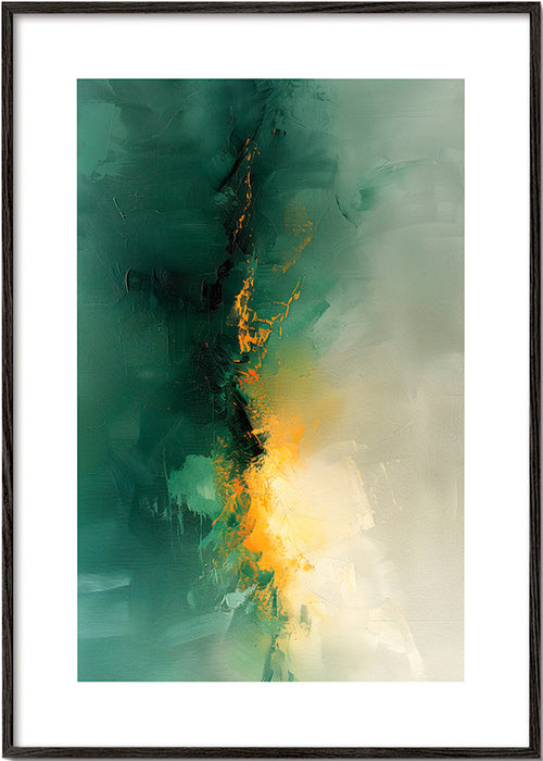 Abstrakt maleri grøn og gylden - Skumring – Black Frame