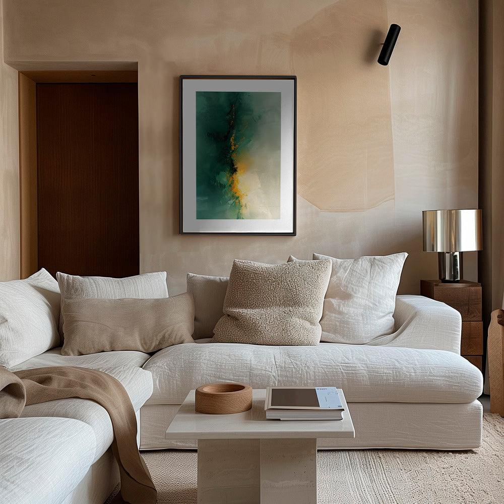 Abstrakt maleri grøn og gylden - Skumring – Canvas2