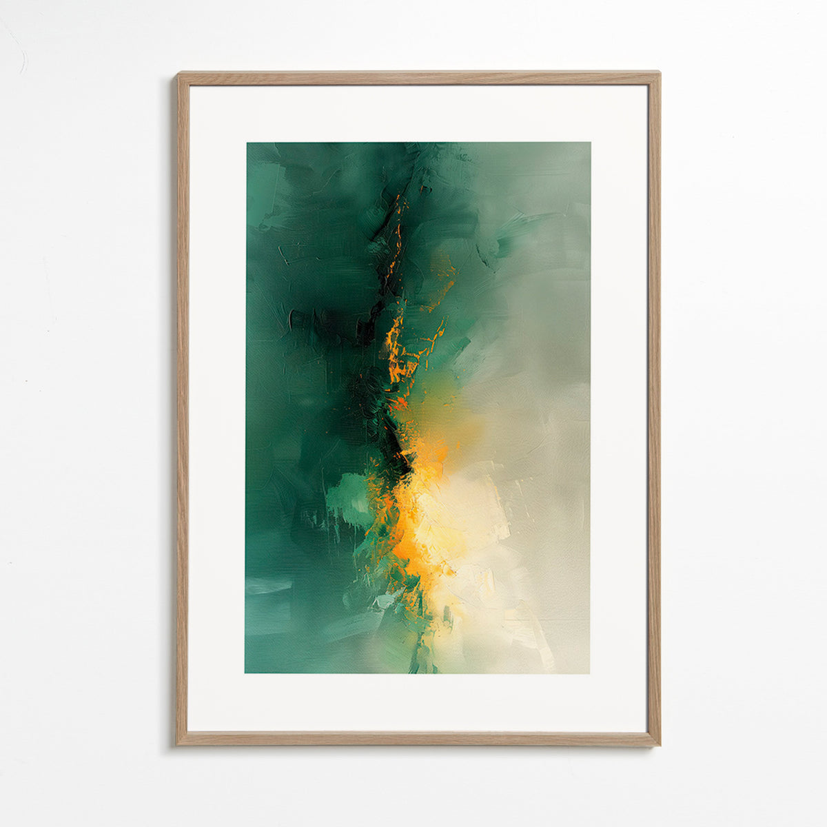 Abstrakt maleri grøn og gylden - Skumring – Oak Frame