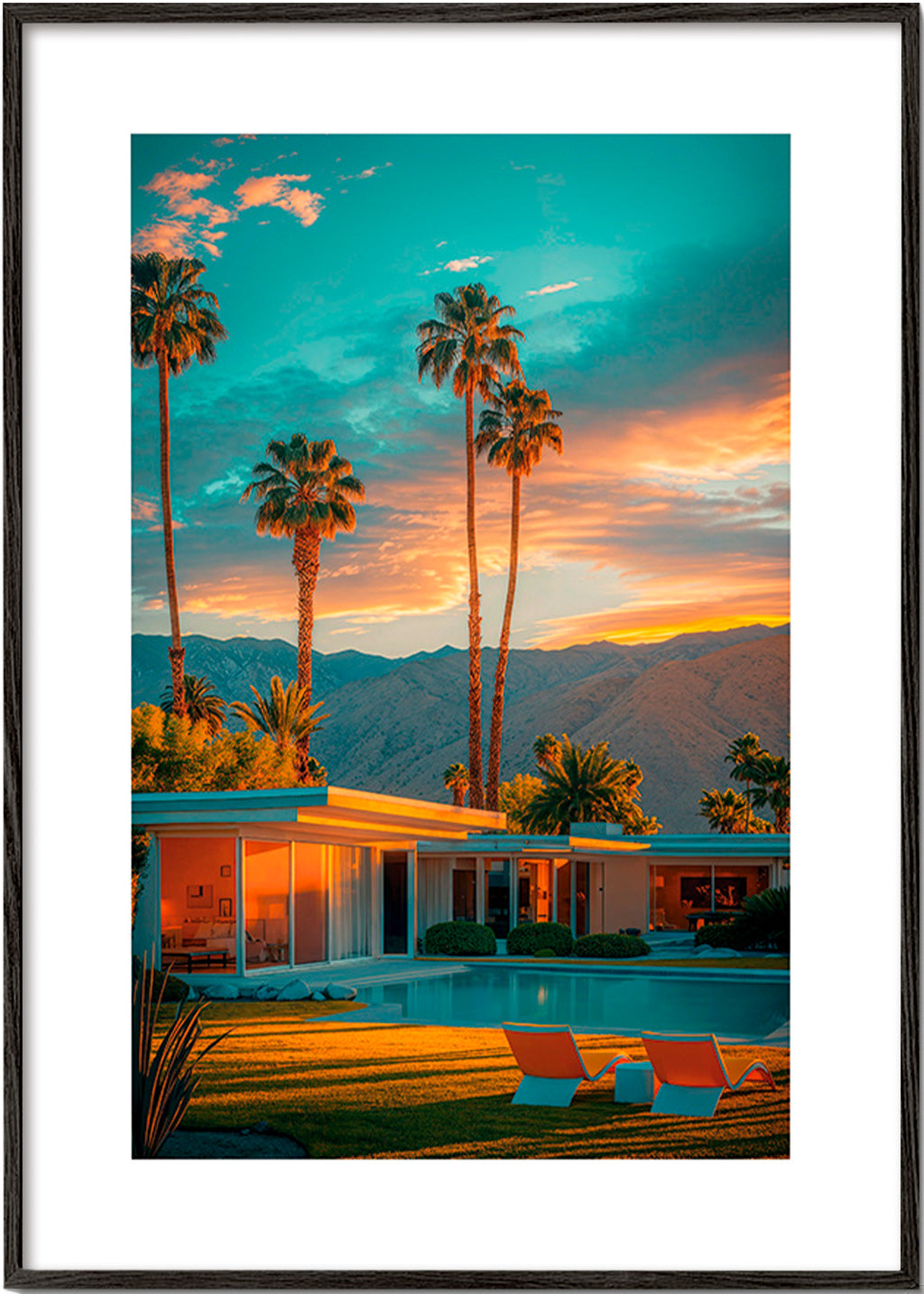 Køkkenkunst: palmer i solnedgang ved pool – Black Frame