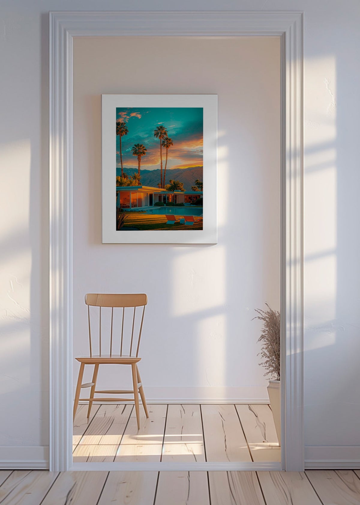 Køkkenkunst: palmer i solnedgang ved pool – Canvas