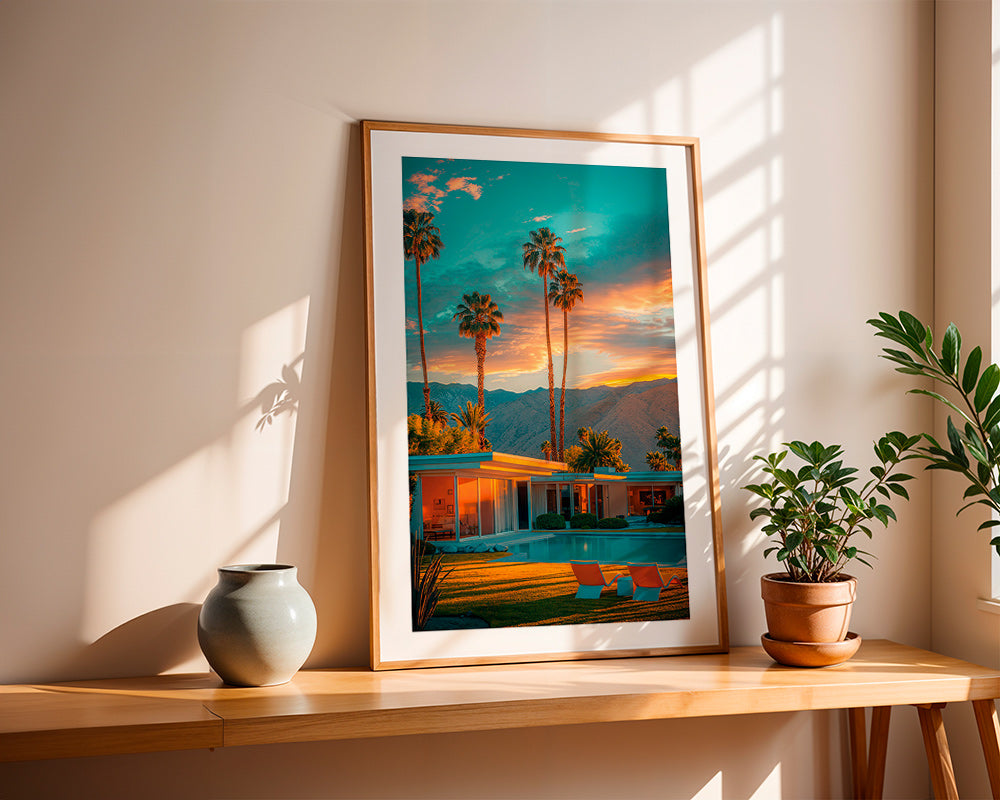 Køkkenkunst: palmer i solnedgang ved pool – Product3