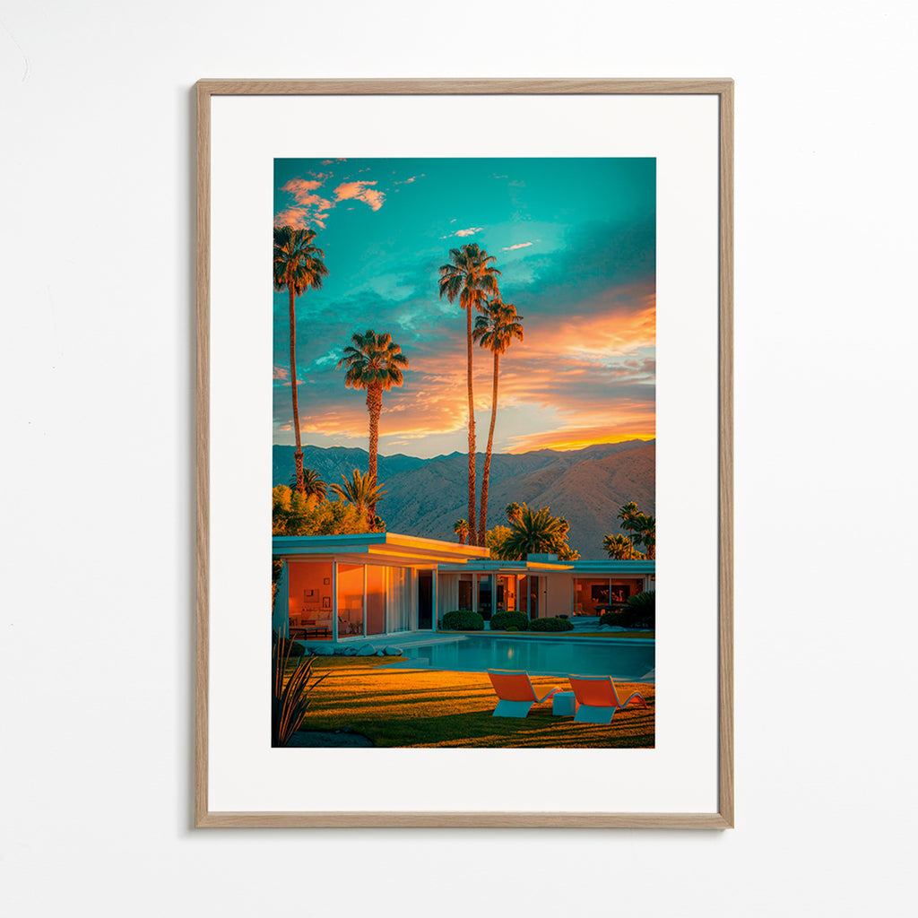 Køkkenkunst: palmer i solnedgang ved pool – Oak Frame