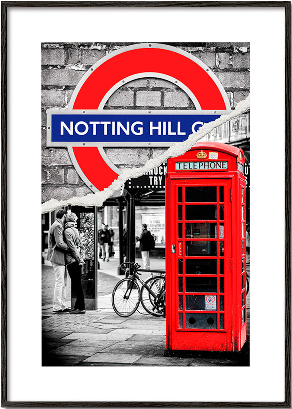 Køkkenkunst? Bykunst med rød telefonboks Notting Hill – Black Frame