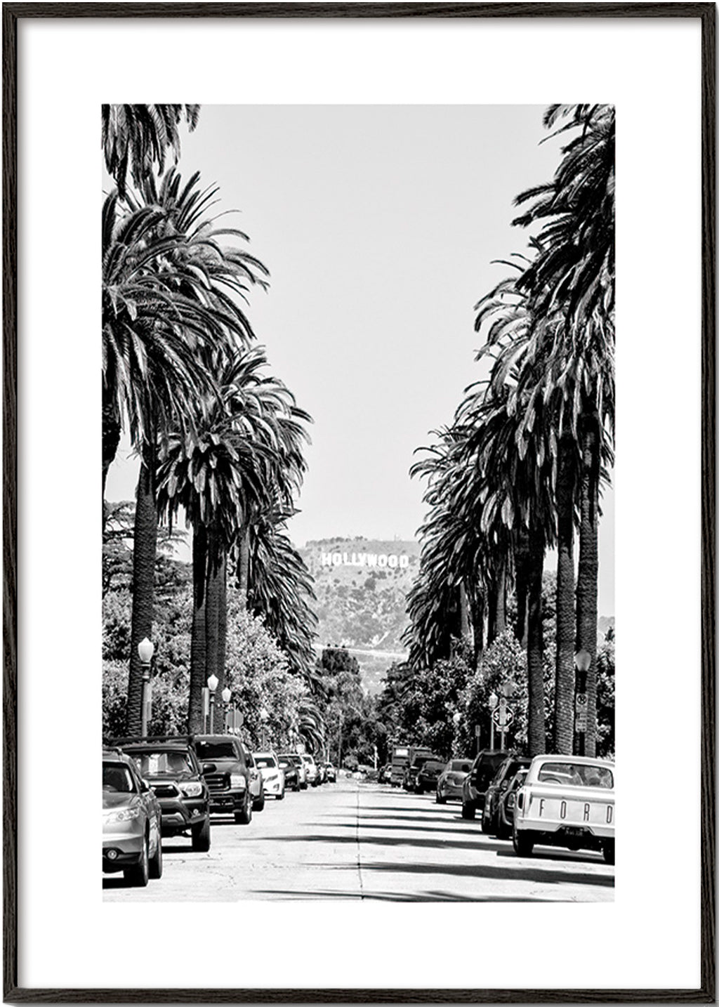 Rejseplakat Hollywood palmegade i sort-hvid – Black Frame