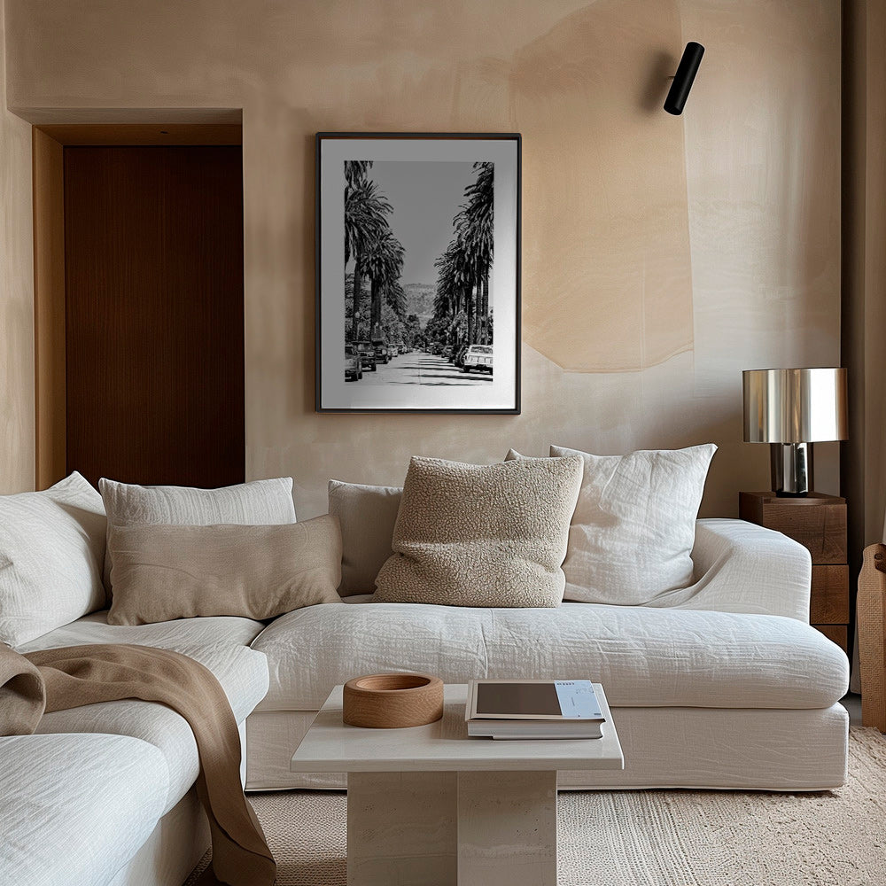 Rejseplakat Hollywood palmegade i sort-hvid – Canvas1