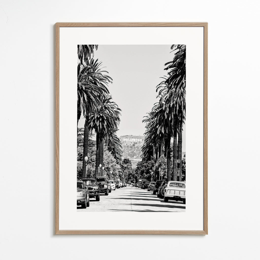 Rejseplakat Hollywood palmegade i sort-hvid – Oak Frame