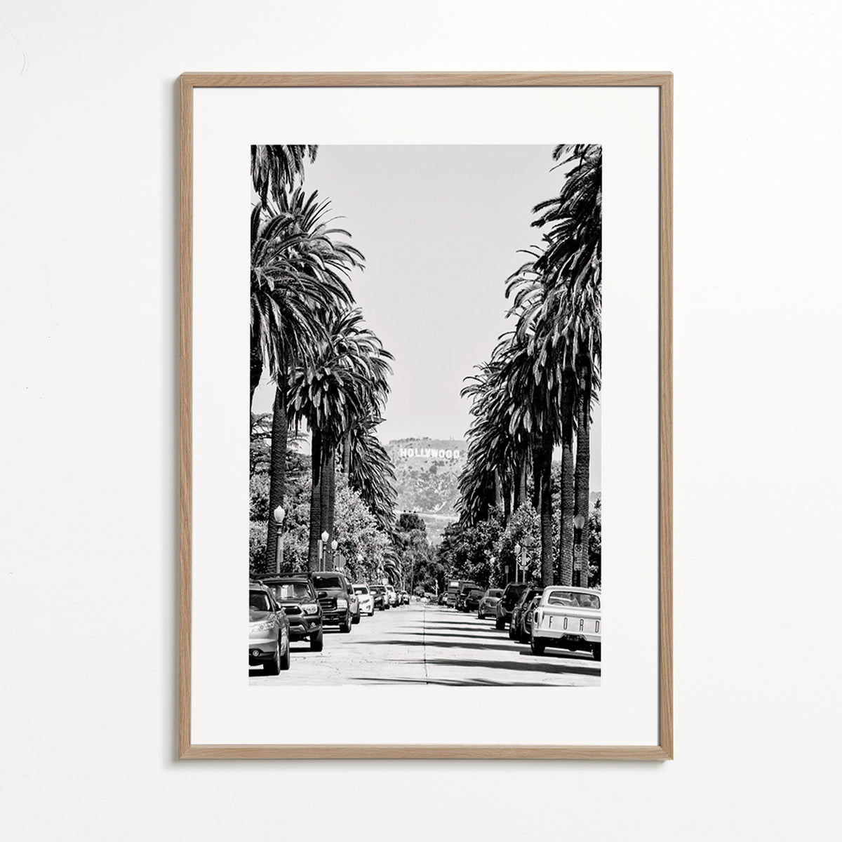 Rejseplakat Hollywood palmegade i sort-hvid – Oak Frame