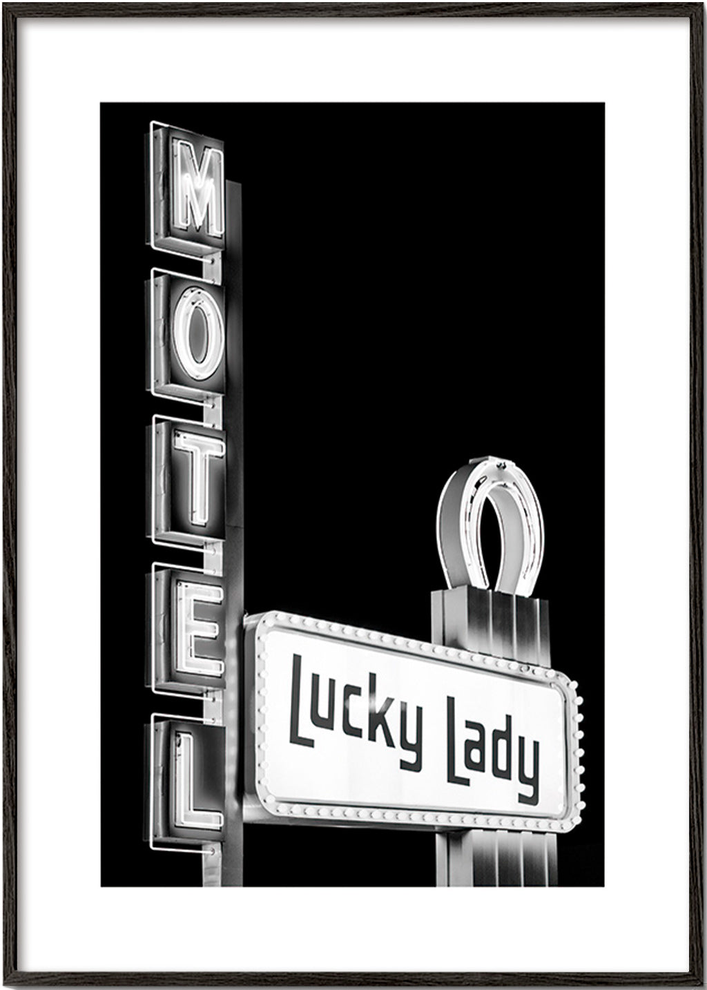 Fotografi Motel Lucky Lady-neonskilt – Black Frame