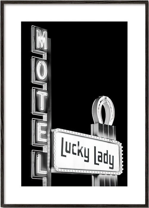 Fotografi Motel Lucky Lady-neonskilt – Black Frame