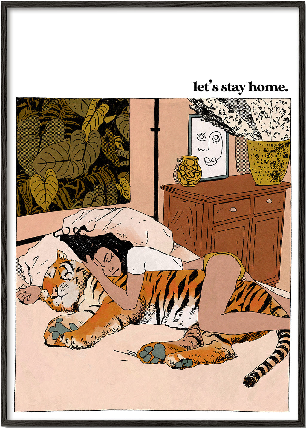 Illustration: kvinde omfavner tiger derhjemme