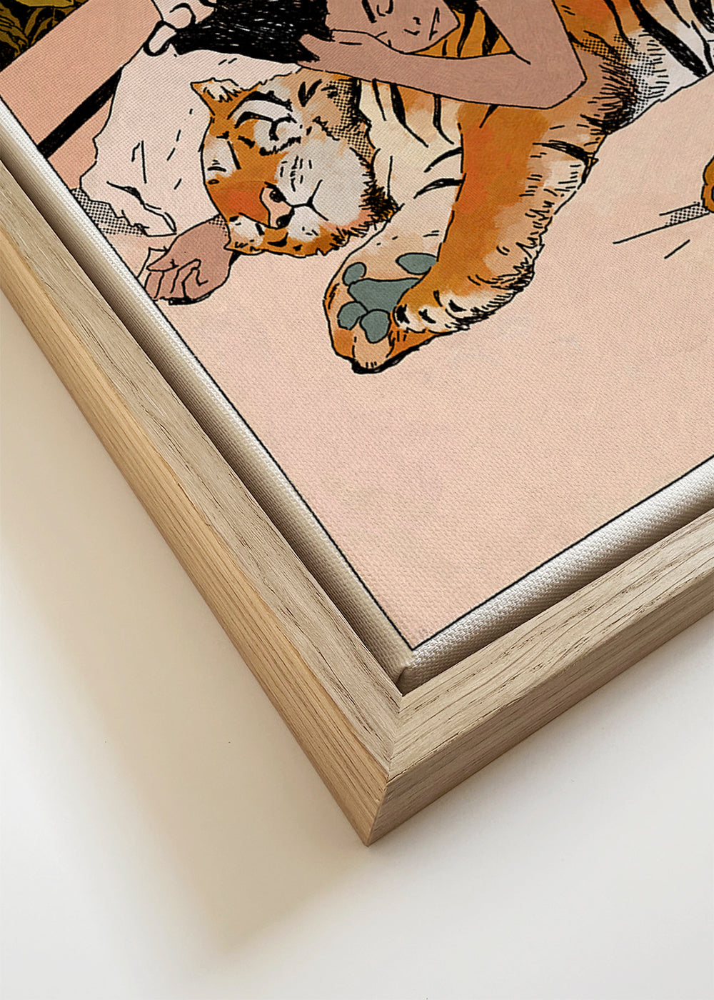 Illustration: kvinde omfavner tiger derhjemme