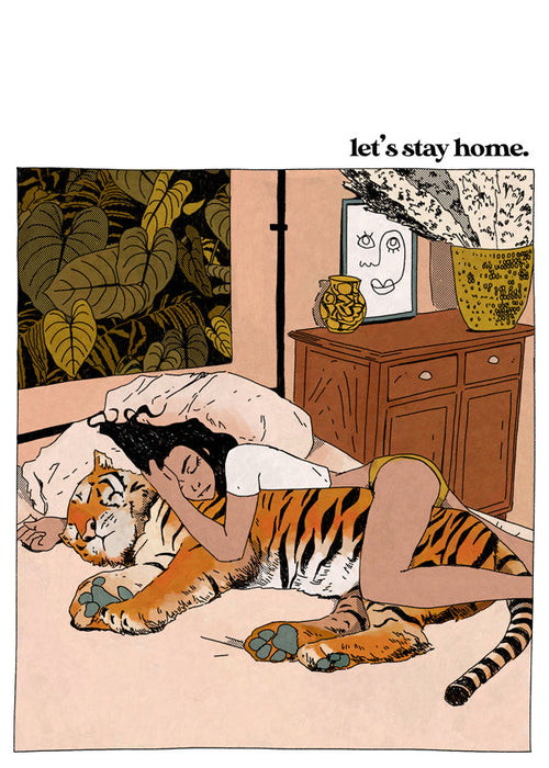 Illustration: kvinde omfavner tiger derhjemme