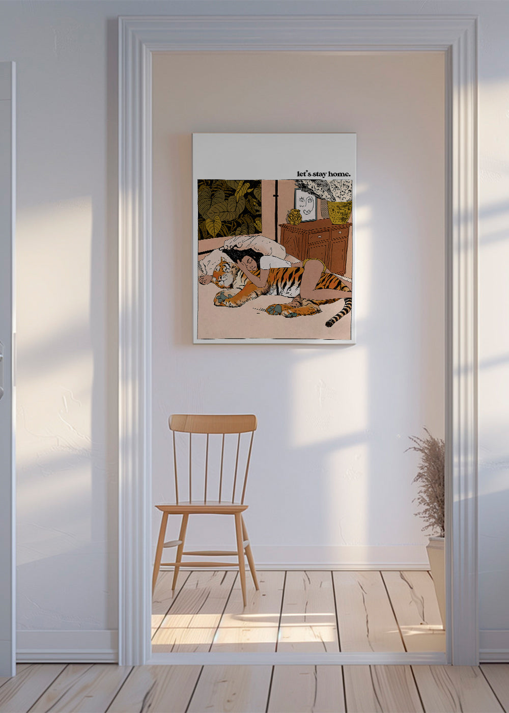 Illustration: kvinde omfavner tiger derhjemme