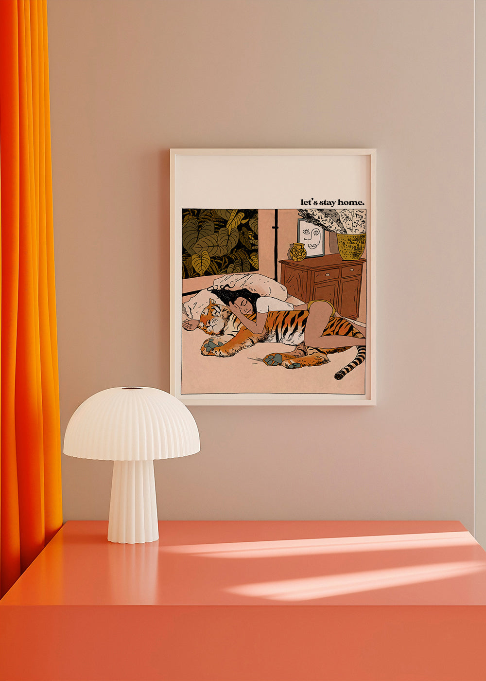 Illustration: kvinde omfavner tiger derhjemme
