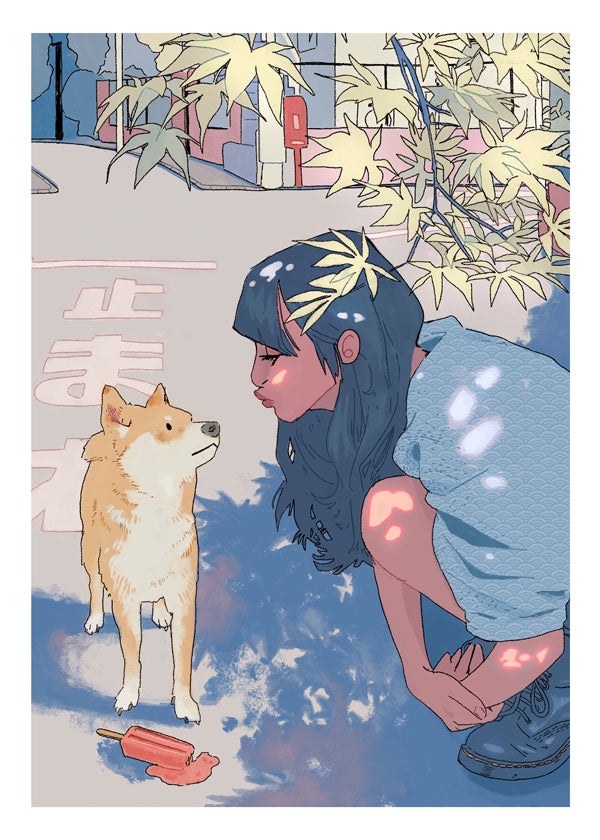 Illustration pige med shiba