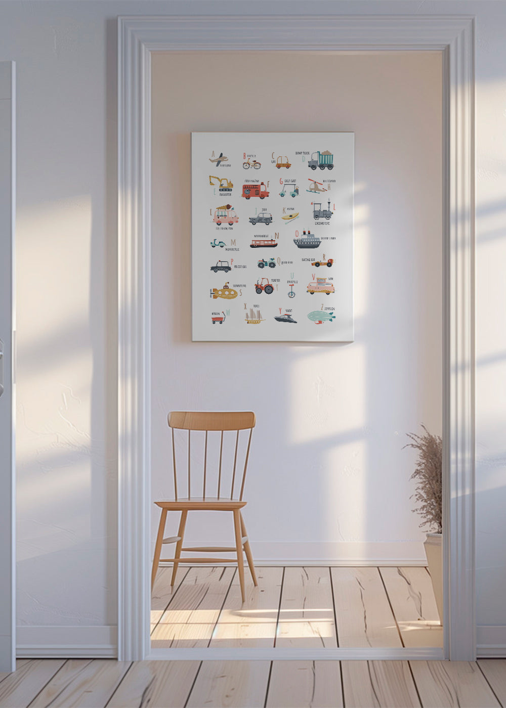 Børneplakat med alfabet og køretøjer