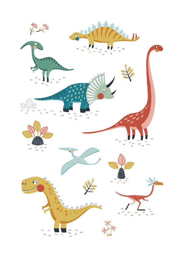 Børneplakat med legesyge dinosaurer