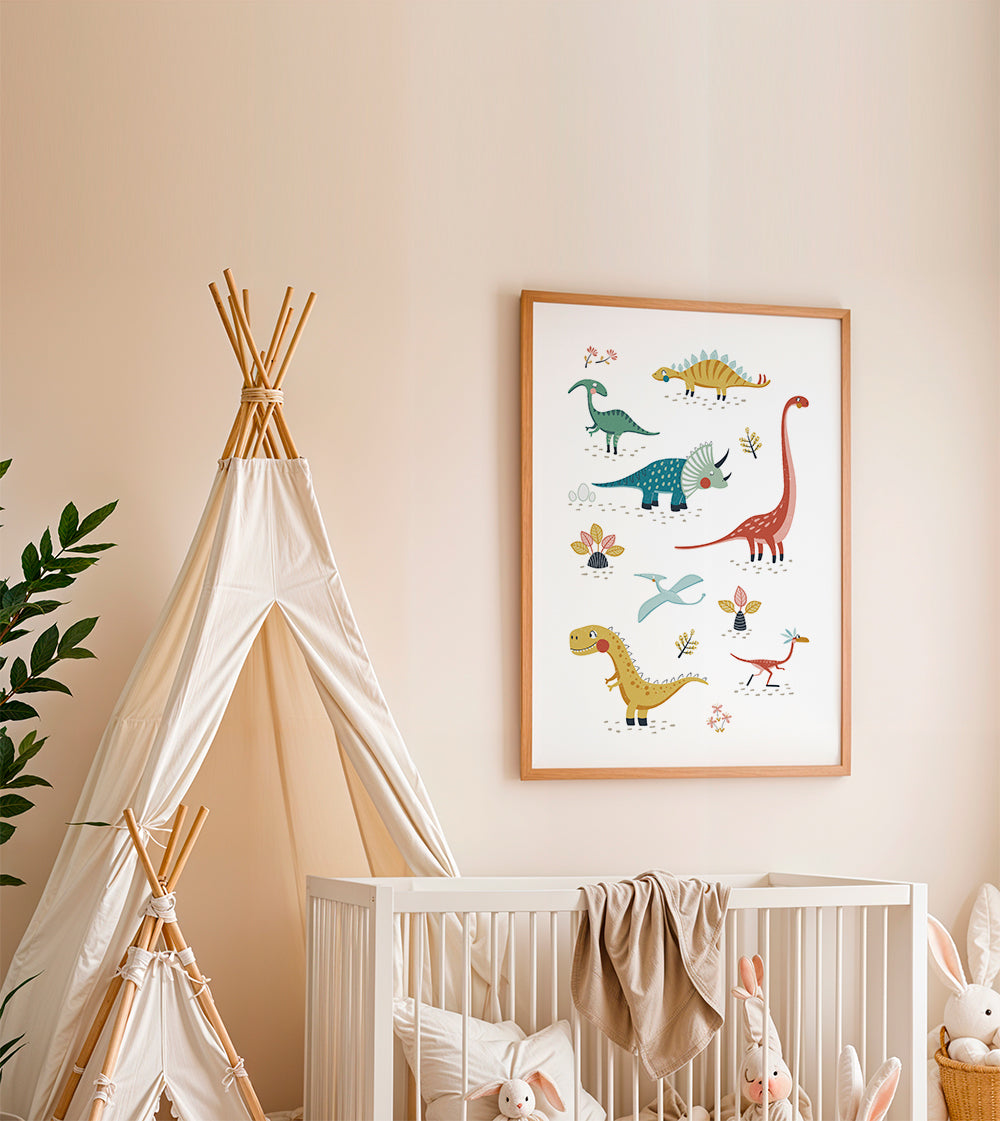 Børneplakat med legesyge dinosaurer